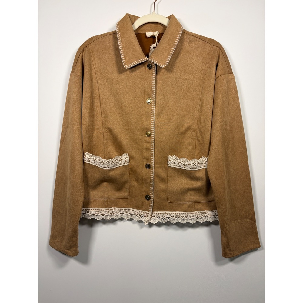 Hem & Thread Women Medium Faux Suede Lace Trim Jacket
